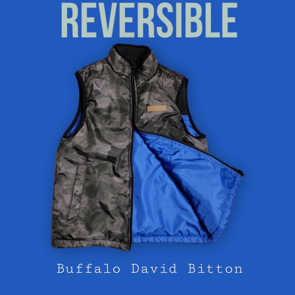 Reversible Vest. Blue, black, Camo. Youth size M10-12.